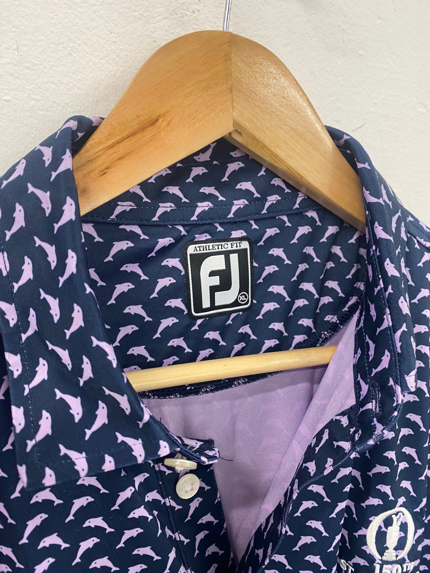 Fabulous FootJoy Polo Shirt Dolphin print St Andrews 150th Open XL Navy and Pink