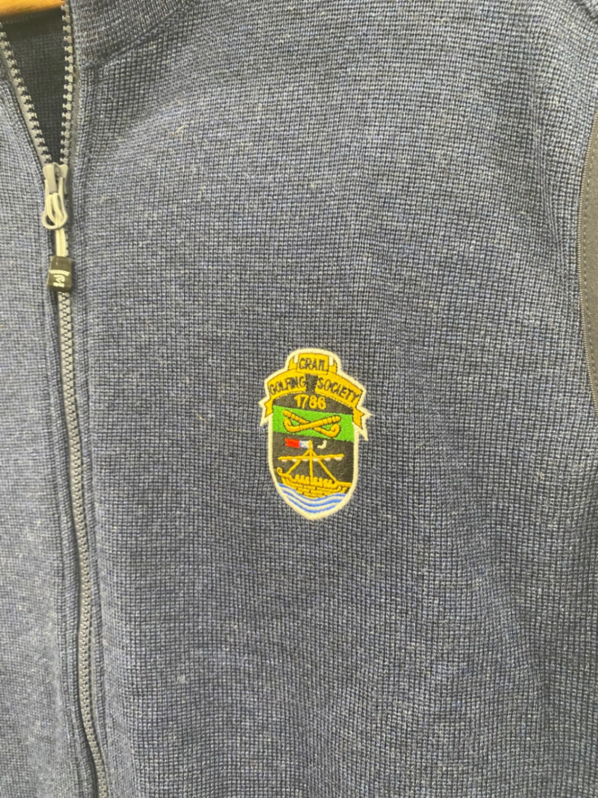 Fabulous Ivanhoe of Sweden Gilet Blue merino knit zipped golf Crail Golfing Society ES609