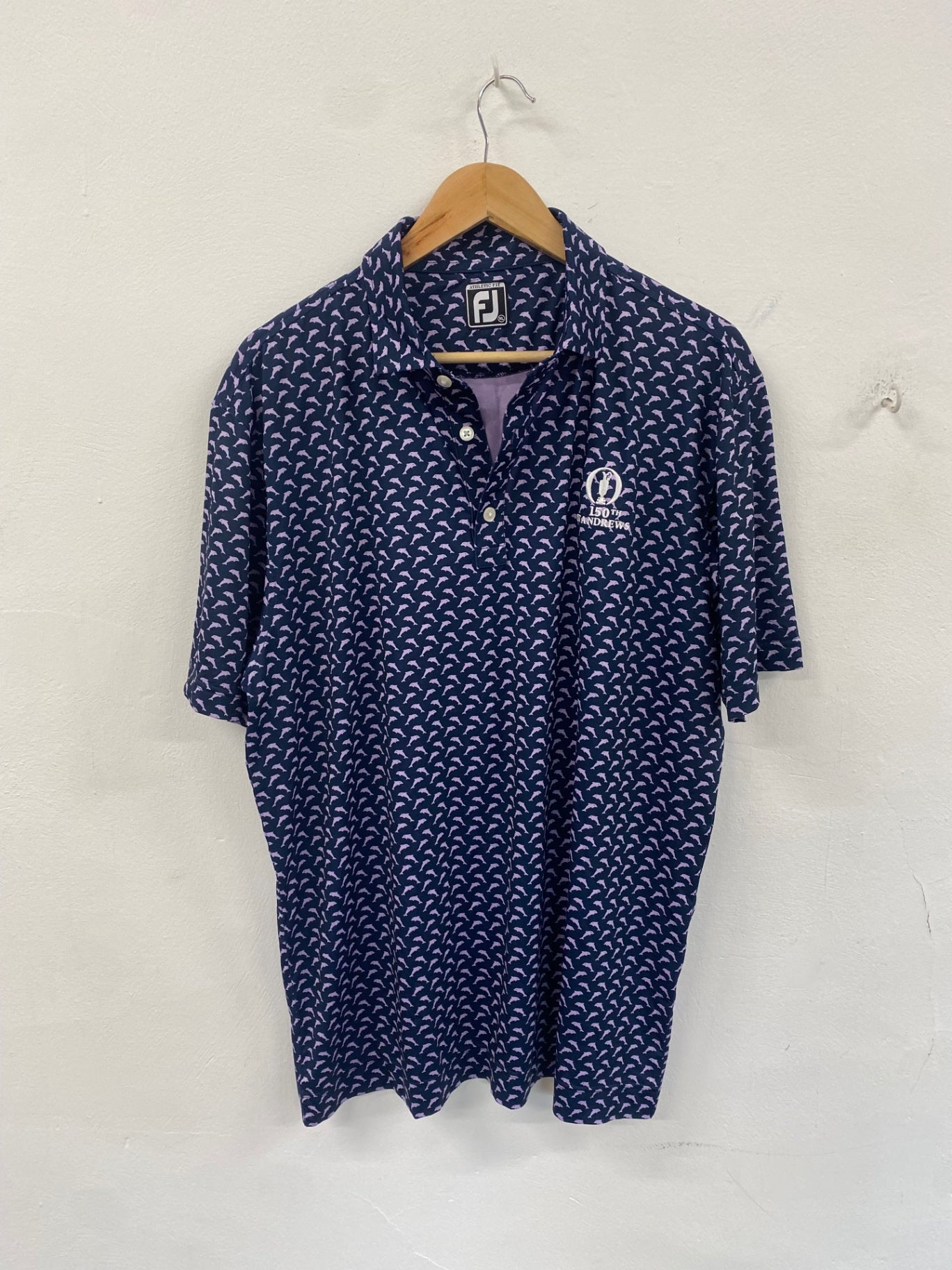 Fabulous FootJoy Polo Shirt Dolphin print St Andrews 150th Open XL Navy and Pink