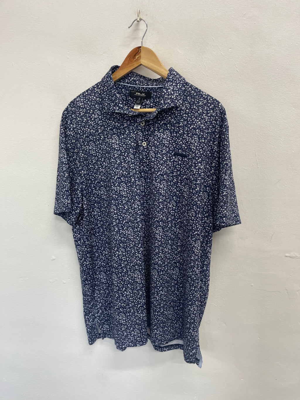 Fabulous RLX Ralph Lauren floral golfers Polo shirt  XL Navy Blue& White ES609