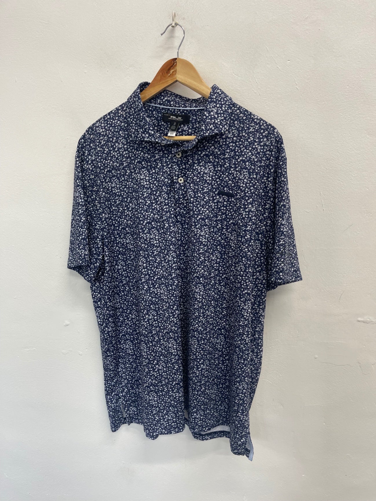 Fabulous RLX Ralph Lauren floral golfers Polo shirt  XL Navy Blue& White ES609
