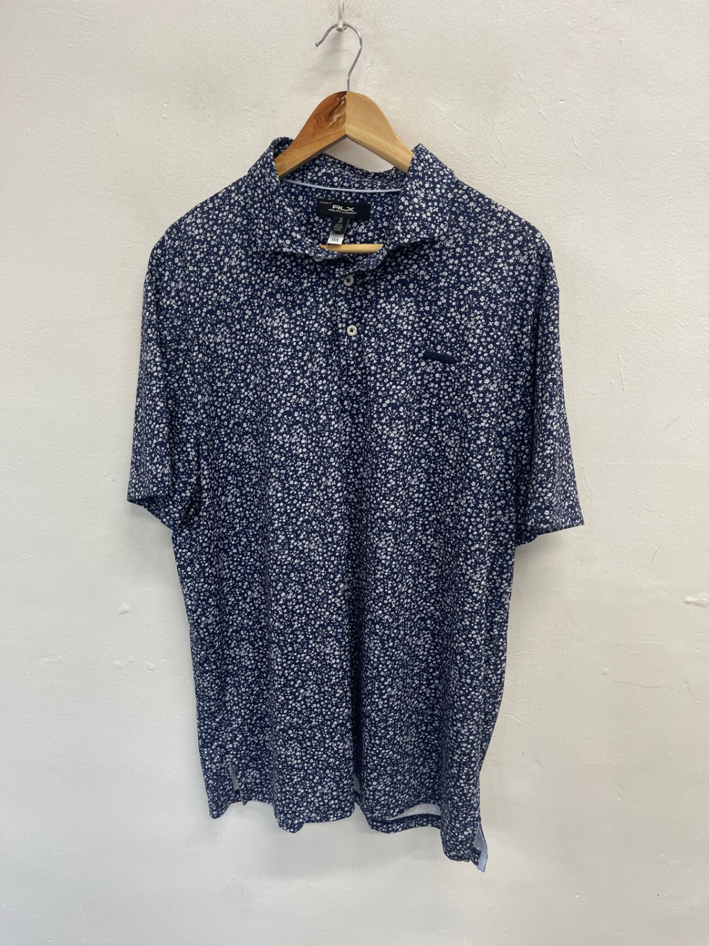 Fabulous RLX Ralph Lauren floral golfers Polo shirt  XL Navy Blue& White ES609