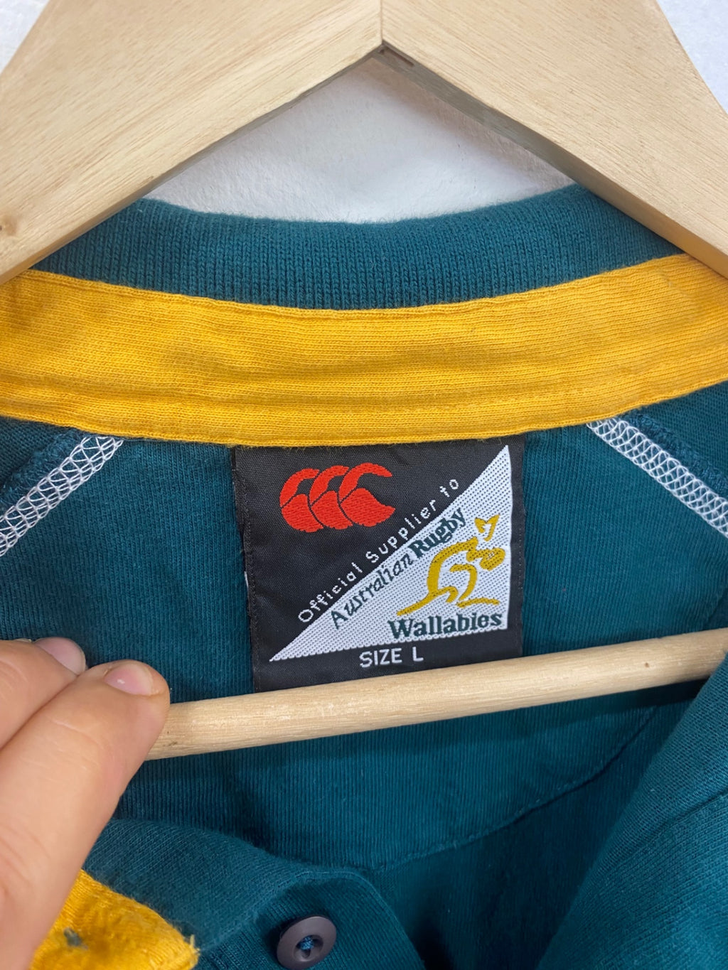Fabulous Canterbury Wallabies Rugby Polo Shirt L Green and Gold ES609
