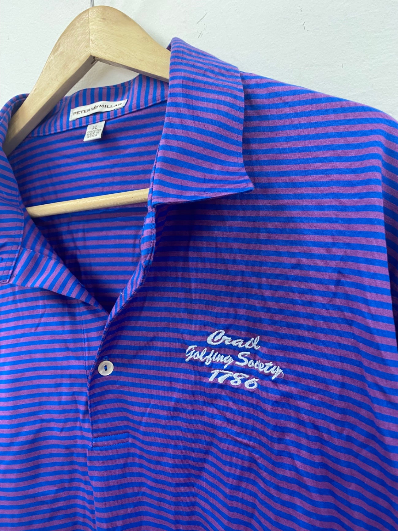 Fabulous Peter Millar Polo Shirt Golf Crail XL Purple and blue stripes ES609