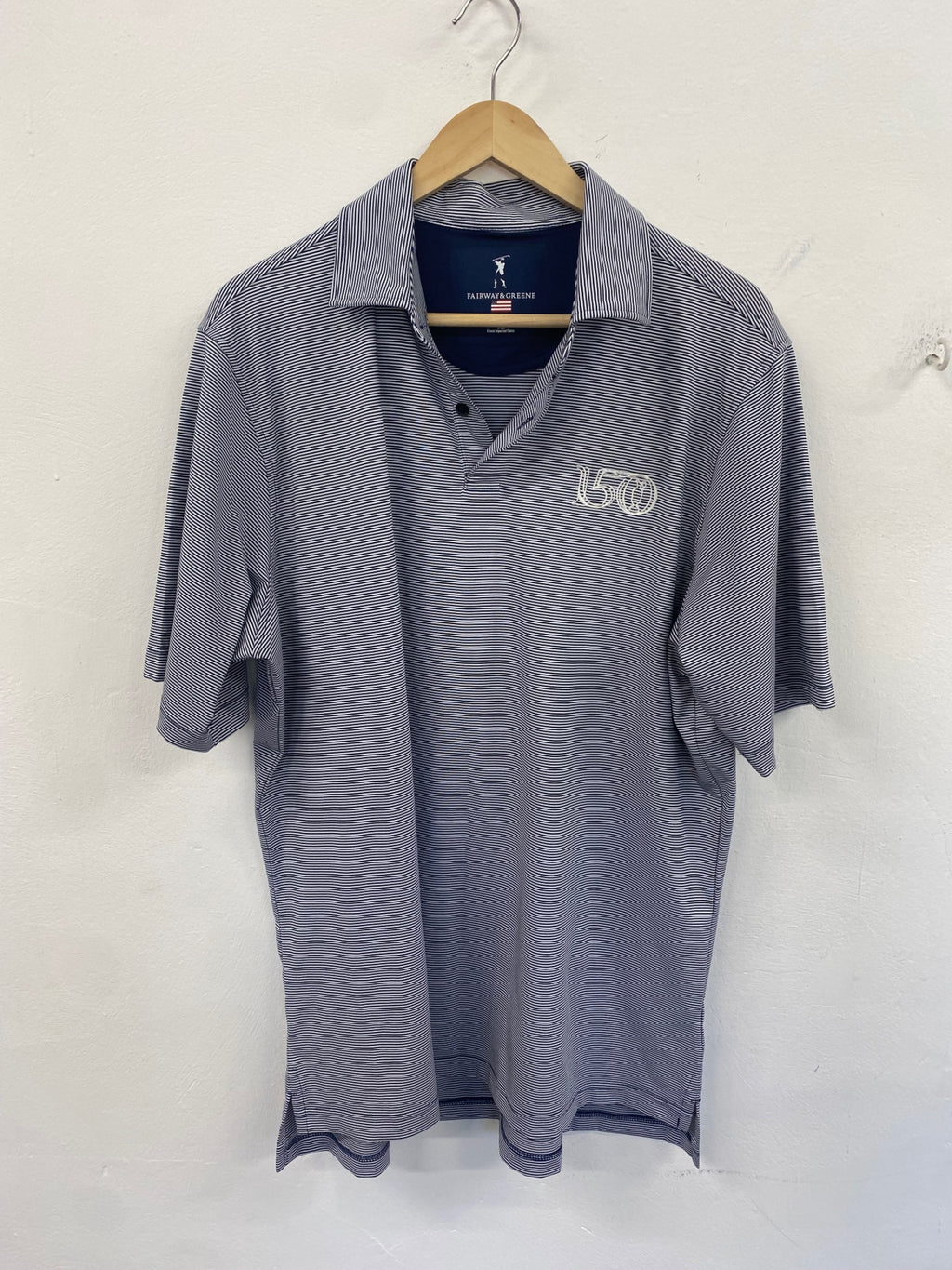Fabulous Fairway & Greene 150th Open Polo Shirt L Navy blue and white ES609