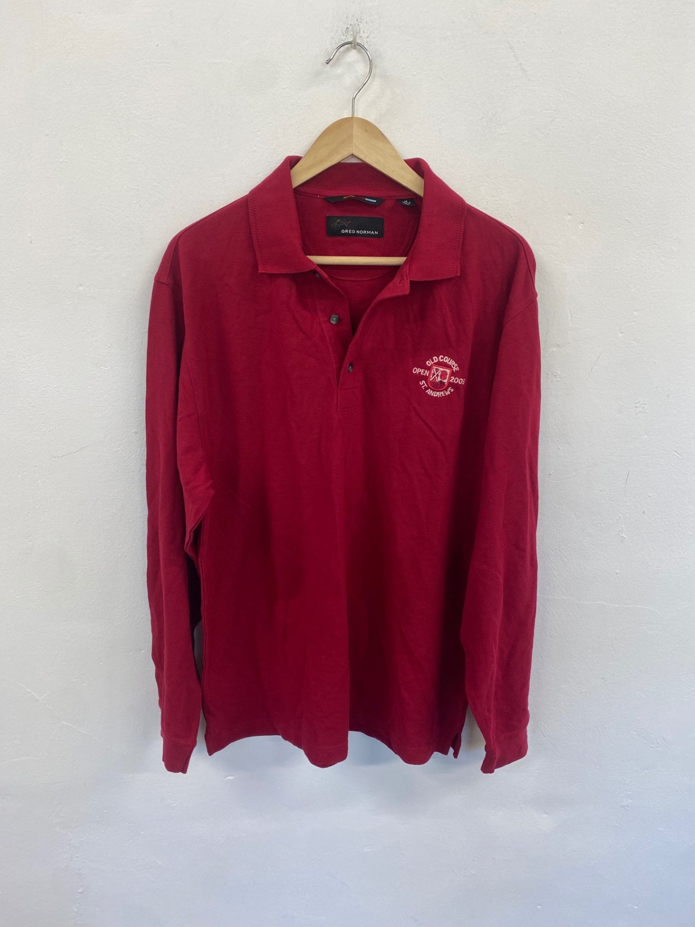 Fabulous Greg Norman L/S Polo Shirt cotton Open 2005 St Andrews M Red ES609