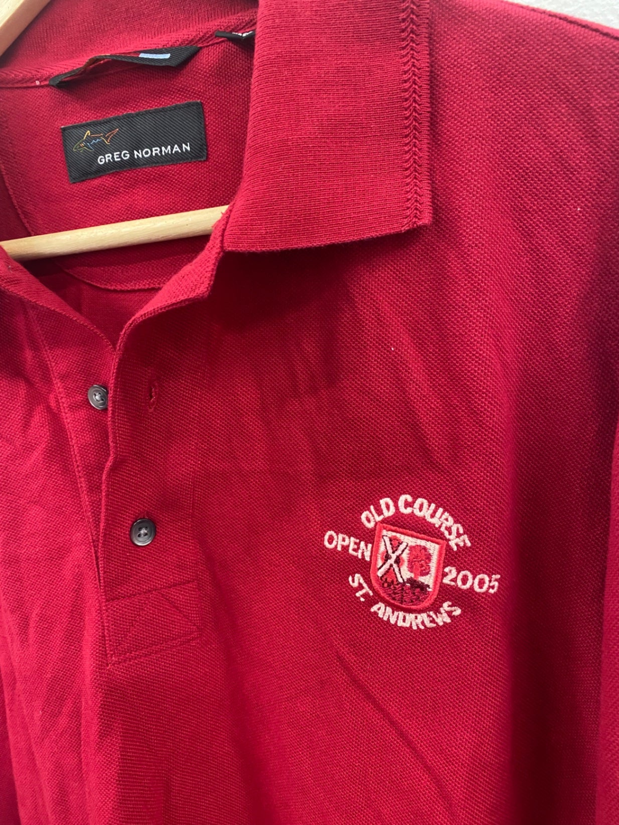 Fabulous Greg Norman L/S Polo Shirt cotton Open 2005 St Andrews M Red ES609