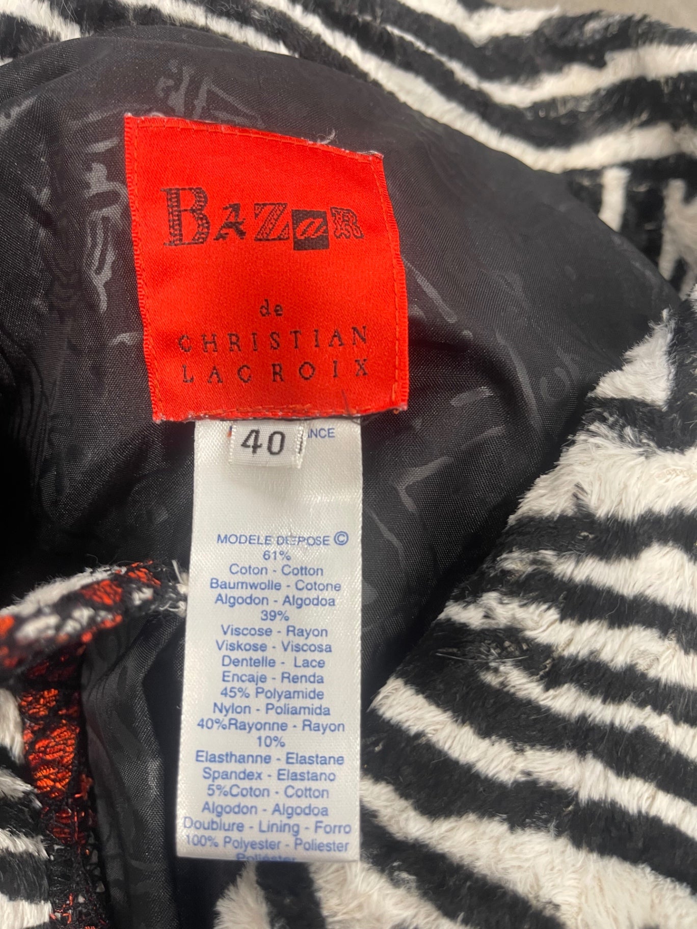 Rare Bazar Christian Lacroix Y2K zebra Blazer Uk12 Black & White AD001