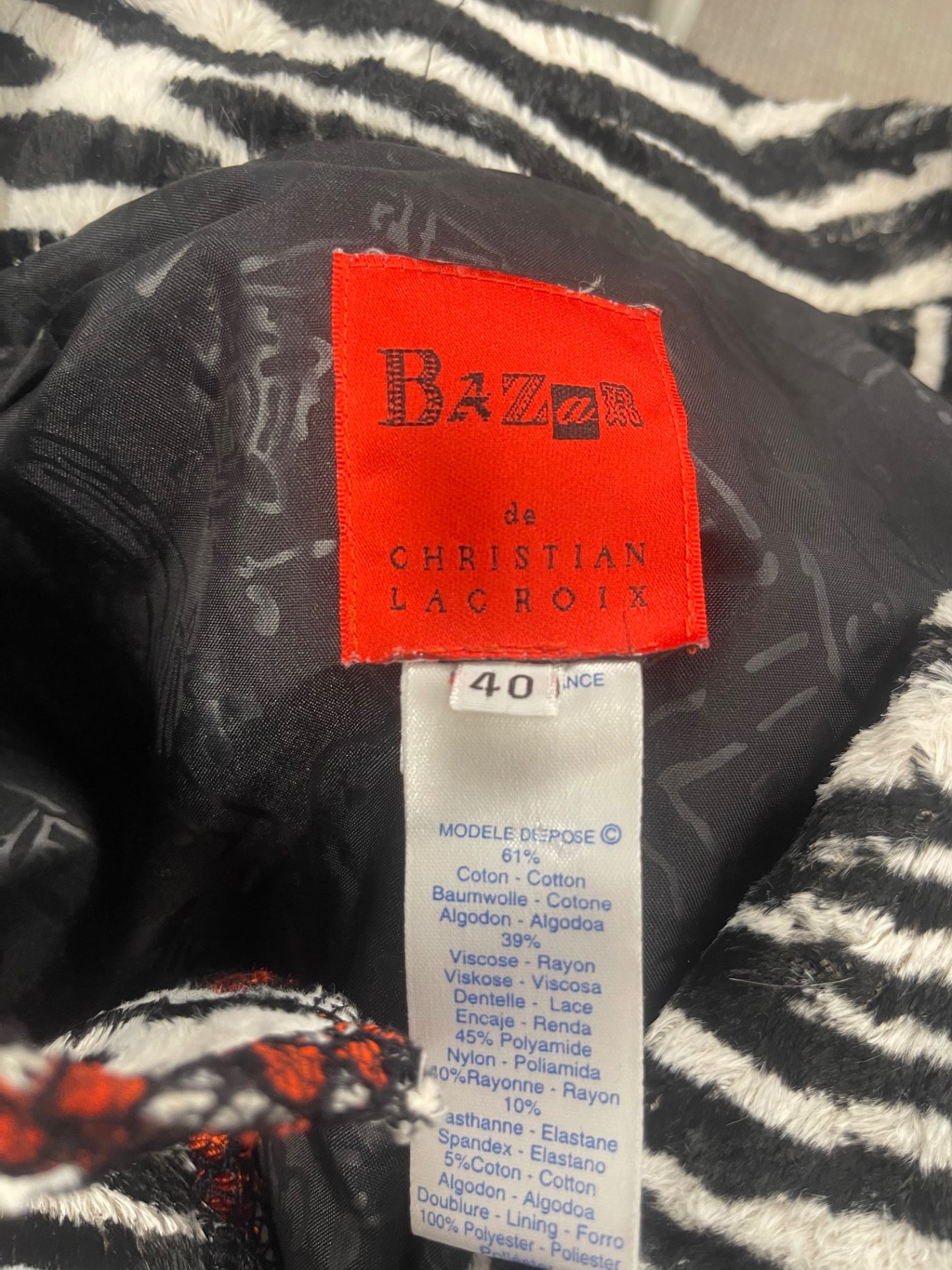 Rare Bazar Christian Lacroix Y2K zebra Blazer Uk12 Black & White AD001