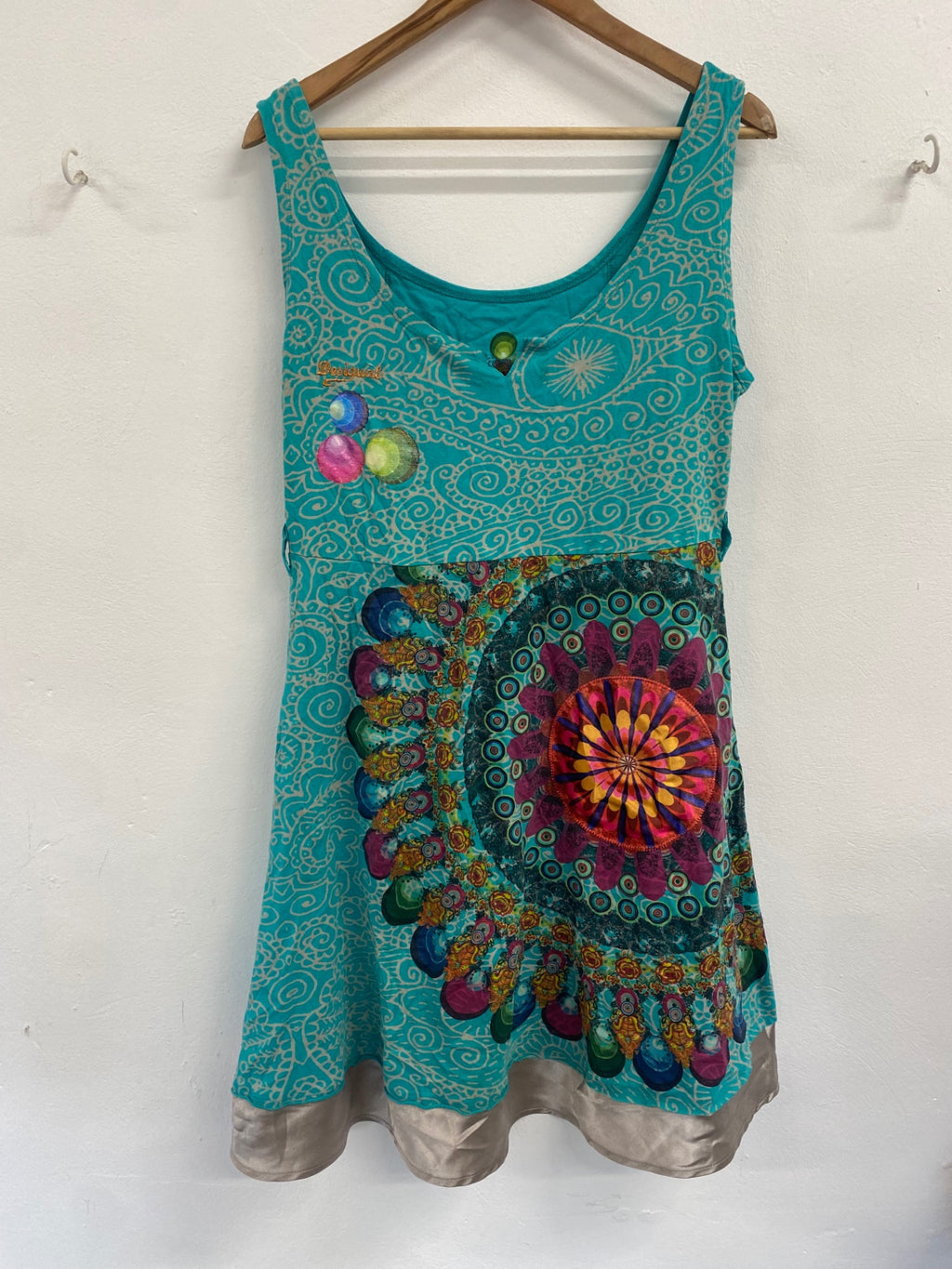 Stunning Desigual green boho floral dress jersey fabric XL KW605
