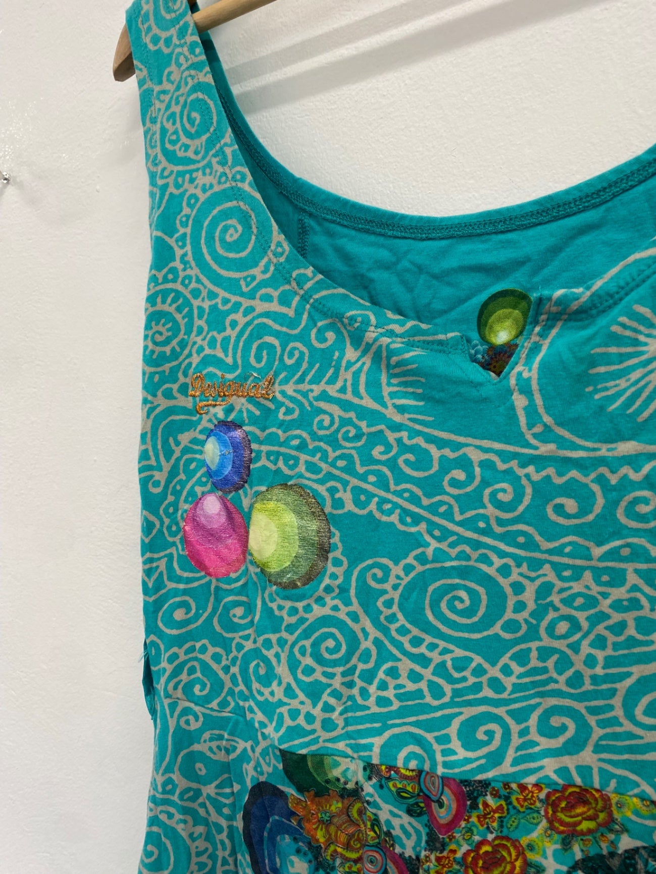 Stunning Desigual green boho floral dress jersey fabric XL KW605
