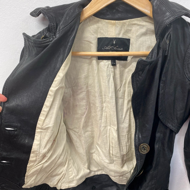 All Saints Stylish Vintage Black Leather Jacket UK 8 KM004