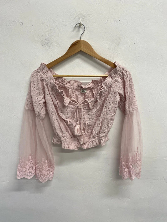 Fabulous river island fairytale pink lace sheer sleeve bardot top with tie neck UK S KM004