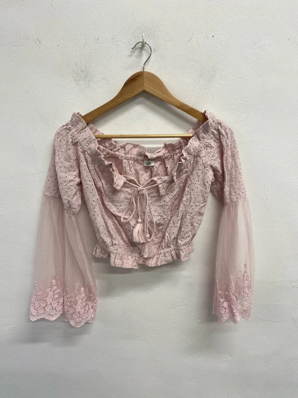 Fabulous river island fairytale pink lace sheer sleeve bardot top with tie neck UK S KM004