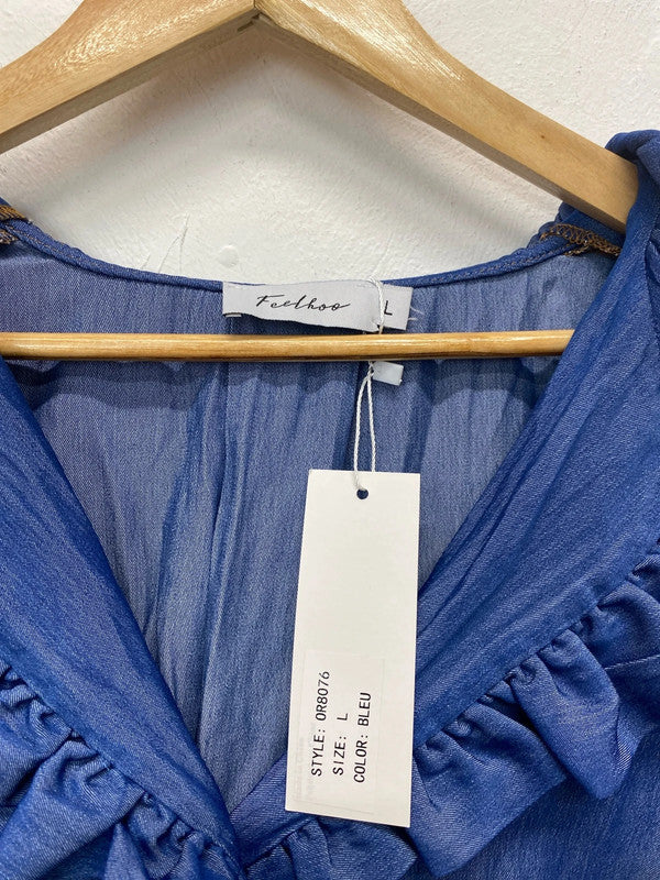 Feelhoo Elegant Blue Shimmer Ruffle Blouse Size L KM005
