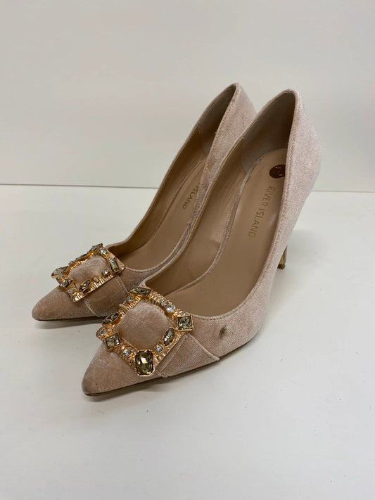 Fabulous River Island blush faux velvet occasion shoes gold buckle UK6 KM004