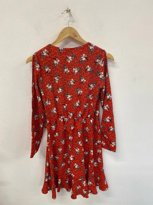 River Island Fabulous Red Hearts Pattern Cold Shoulder Faux Wrap Mini Dress UK 8 KM004