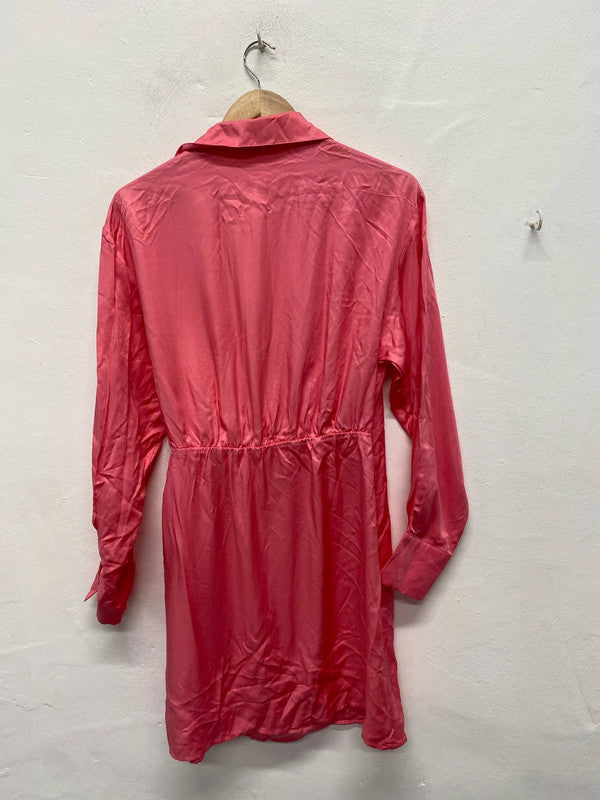 Lovely Zara pink wrap tie low neck collar mini dress pink UK M KS002