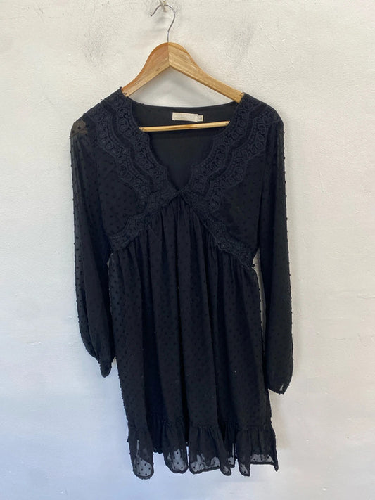 Stunning flamant rose black spotted semi sheer smock dress UK L AE001