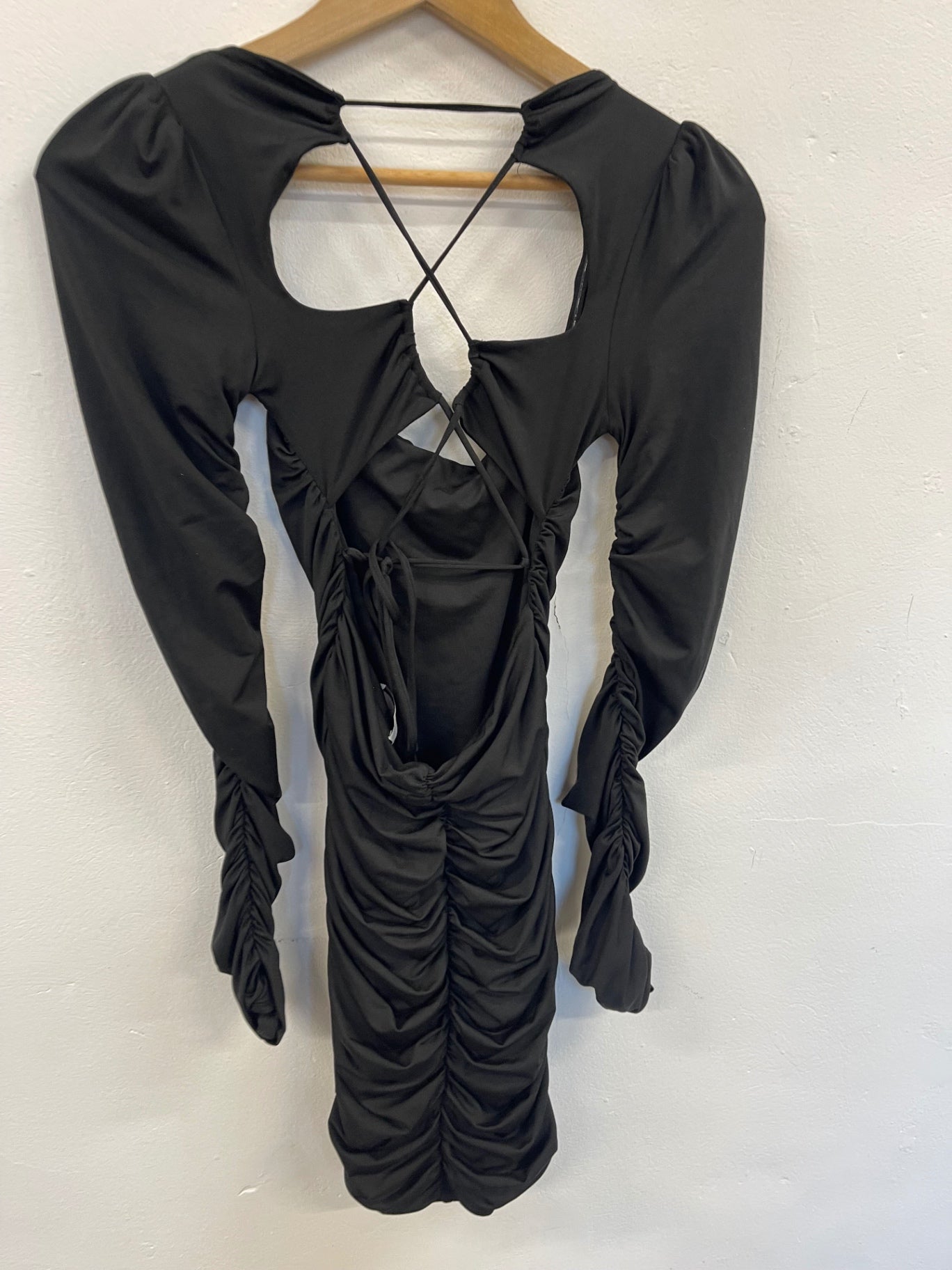Fabulous Oh Polly ruched mini party Dress Uk10 Black Backless SA514