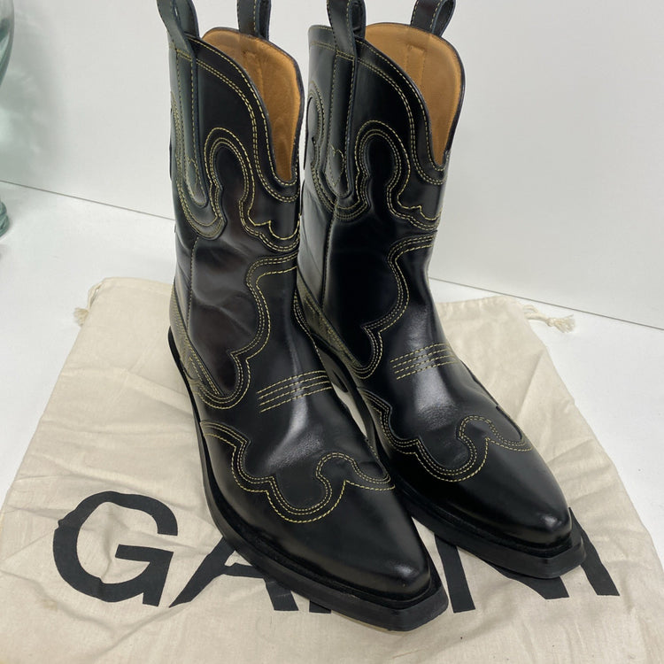 Fabulous Ganni RP £500 Brown Leather Mid Cowboy Boots Sz 40 UK7 CN001