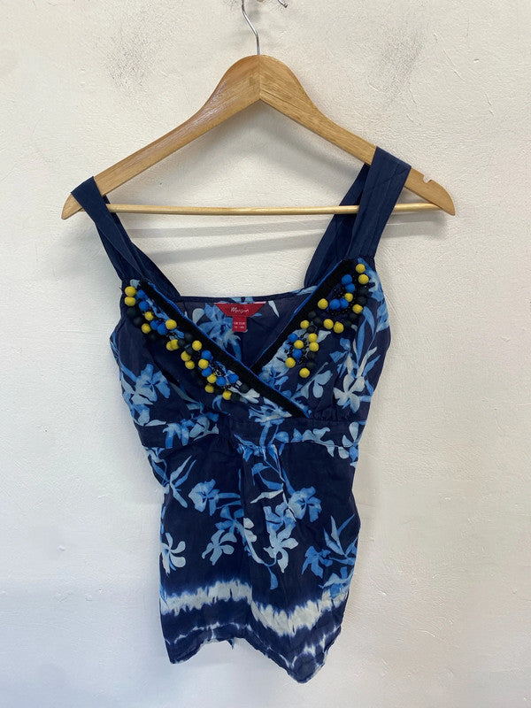 Stunning monsoon blue floral yellow pompom neck top UK 12 AG005