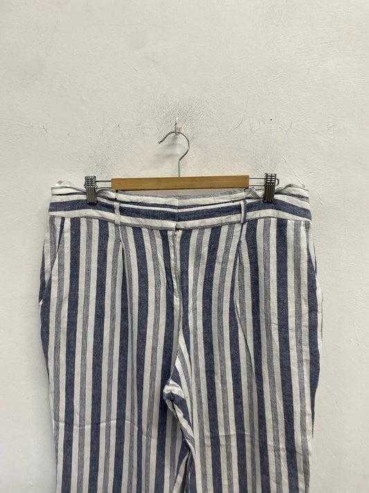 Lovely nutmeg linen stripe trousers blue white UK 16 JW002