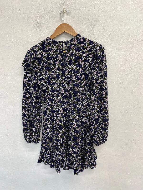 Lovely river island navy white floral frill midi dress UK S KM004