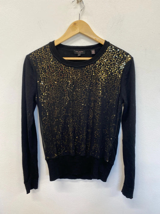 Fun and flirty Ted Baker black with sparkly gold sequins sweater uk 3 JP001