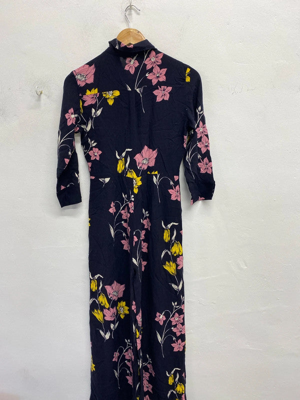 Lovely mango jumpsuit navy floral zip up UK S NS003