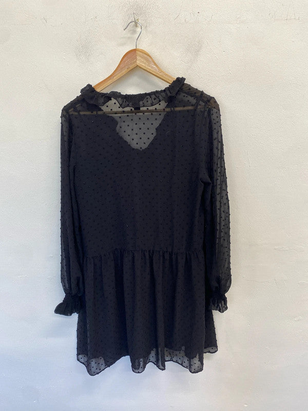 Lovely new look dark navy smock spotted textured frill dress UK 14 AE001