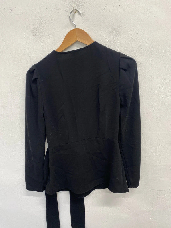 Lovely river island black low neck tie waist long sleeve top formal UK S KM004