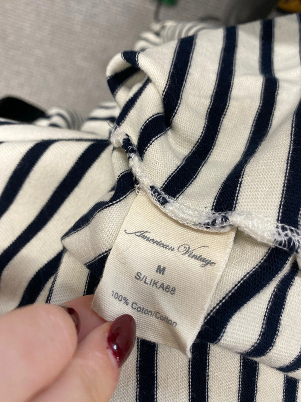 Stunning American vintage striped black cream midi dress UK M MM005