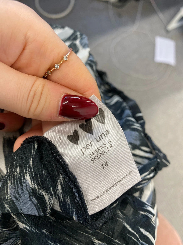 Lovely per Una sheer tie waist grey black cream tunic UK 14 RR002