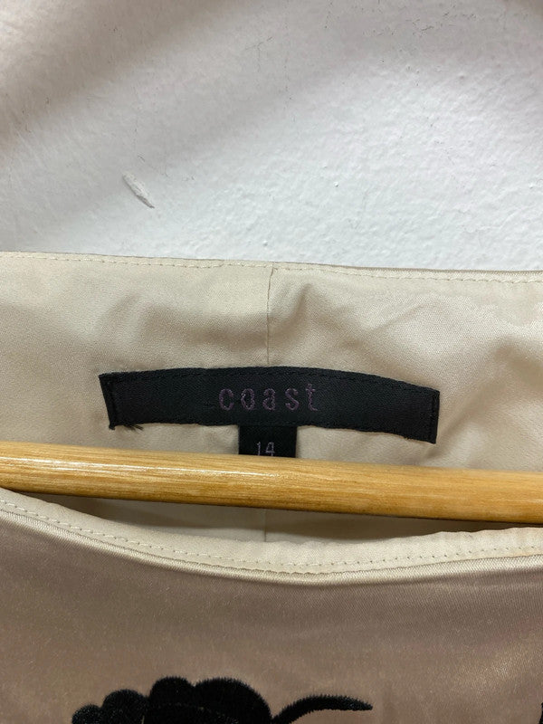 Coast Gorgeous Cream & Black Floral Embroidered Satin Belted Dress UK 14 AW002