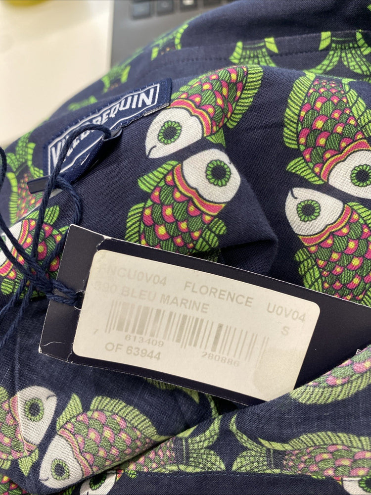 Gorgeous Vilebrequin Florence Peacock Print Navy Shirt Dress UK S AE001