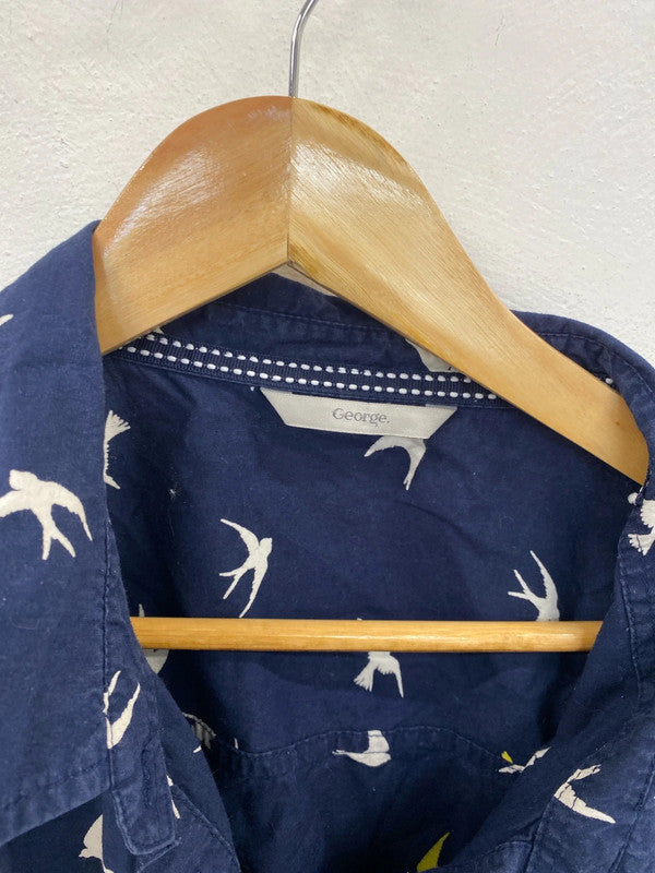 George Elegant Navy Swallows Pattern Cotton Shirt UK 24 RG021
