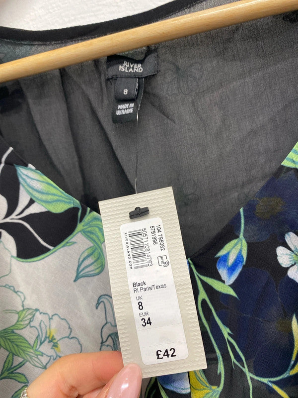 Lovely river island black white blue frill UK 8 KM004