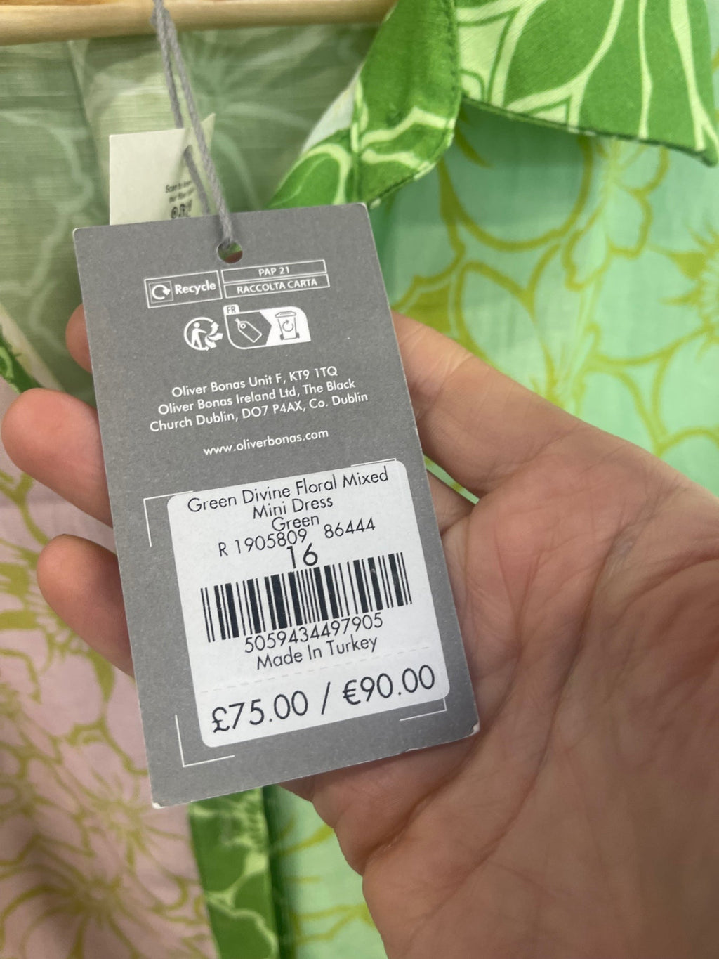 Stunning Oliver Bonas floral mini Dress Uk16 Pink&  Green DM561