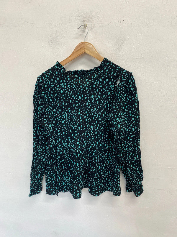 Lovely very black blue spotted frill blouse UK 12 NN001