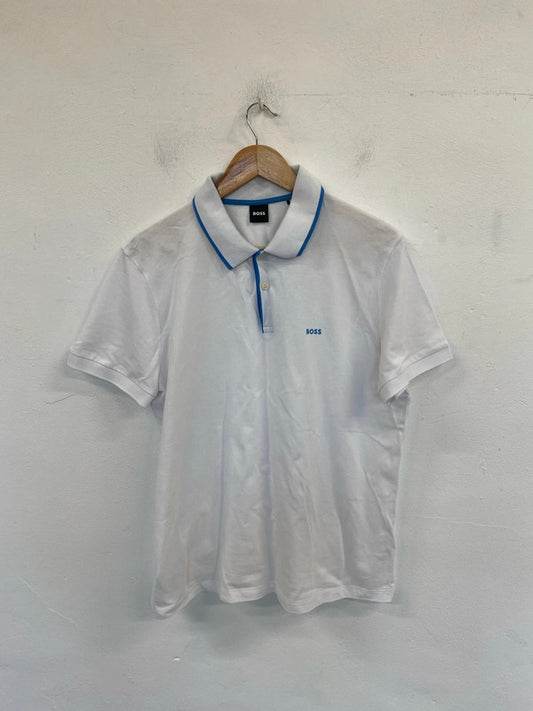 Hugo Boss Smart White & Blue Embroidered Polo Shirt Size XL AT001