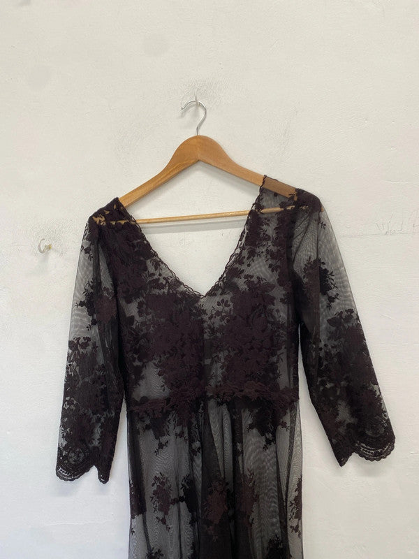 Stunning brown lace sheer sexy dress midi no brand UK L LW005