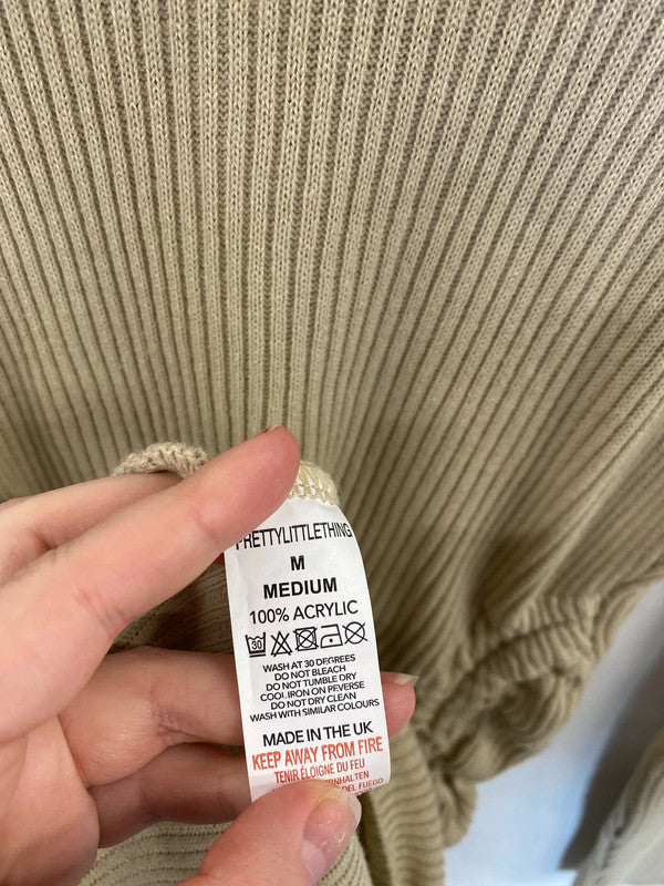 Pretty Little Thing Stylish Sand Ribbed Ruched Mini Dress Size M PJ001