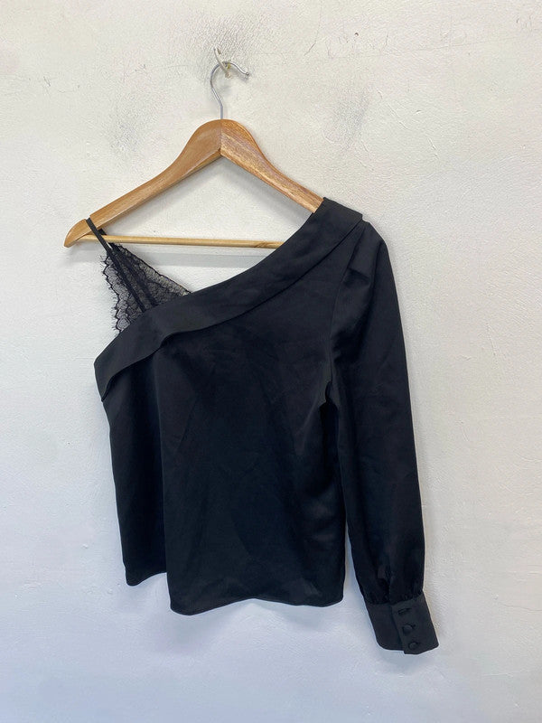 Lovely river island black sexy lace strap one shoulder top UK 10 LN001