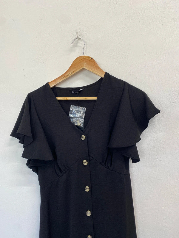 Lovely Matalan button up black frill short sleeve maxi dress UK 12 AO001