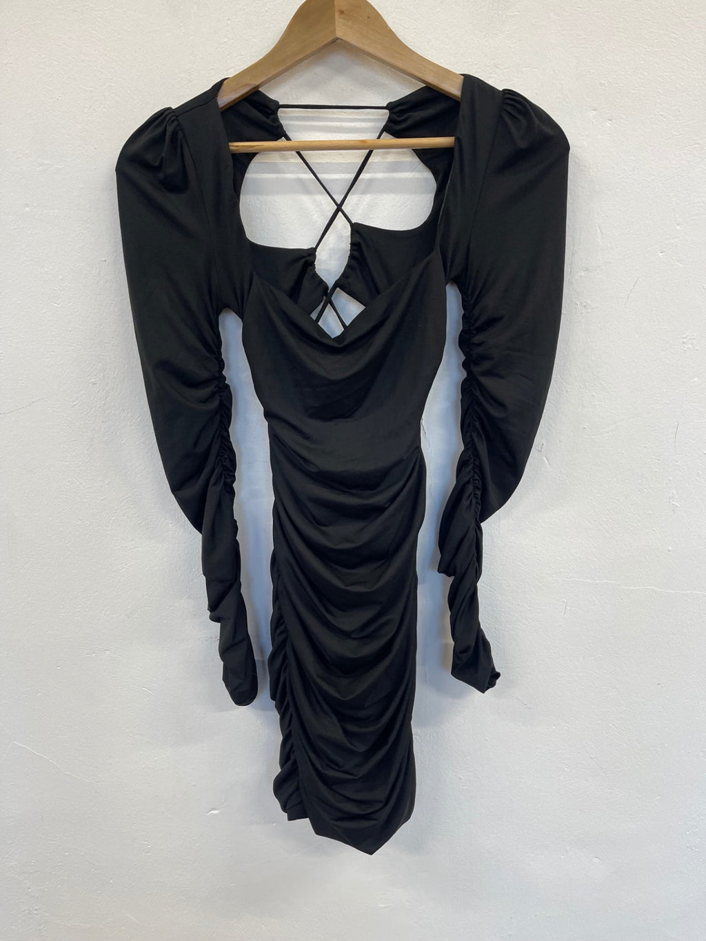 Fabulous Oh Polly ruched mini party Dress Uk10 Black Backless SA514