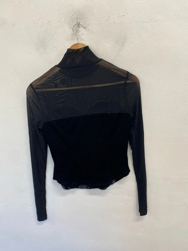 Stunning Shien black velvet look mesh long sleeve top UK 8 AE001