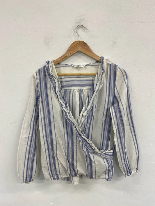 Zara Chic White & Blue Stripe Raw Edge Blouse Size XS AG006