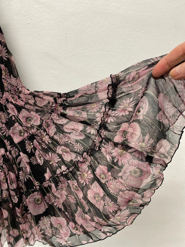 LK Bennett romantic Pure Silk floral tiered skirt mauve & black Uk10 SN002