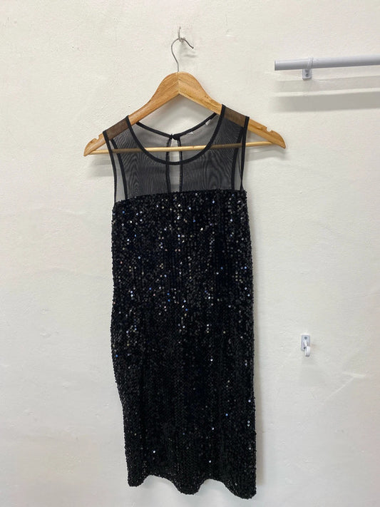 Fabulous New Look black sequin mini dress mesh straps Uk12 LL003